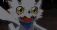 a cartoon character with yellow eyes and a scarf around his neck