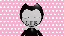 a black and white cartoon character with a pink background