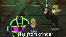 a cartoon character is holding a bat and says " dies from cringe " on the bottom