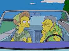 two cartoon characters are sitting in a car talking