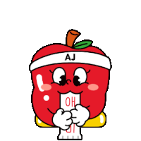 a cartoon apple with a headband that says aj on it