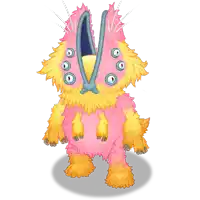 a cartoon drawing of a pink and yellow monster with a blue beak
