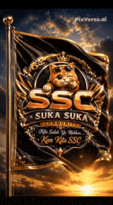 a black and gold flag with a cat on it that says suka suka community