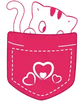 a cat is sticking its head out of a pink pocket with three hearts on it
