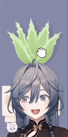 a girl with a plant on her head and a cat behind her