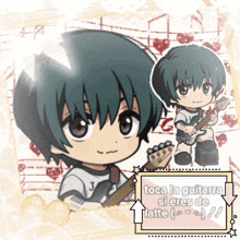 a cartoon of a boy playing a guitar with the words toca la guitarra si eres de latte below him