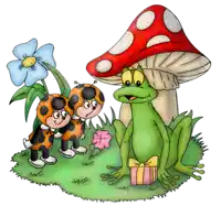 a ladybug and frog are standing next to a mushroom