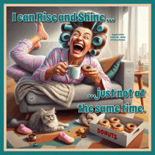 a cartoon of an elderly woman with curlers on her hair eating donuts and drinking coffee