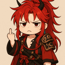 a person with red hair and horns is giving the middle finger