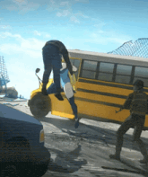 a man jumps out of a yellow bus