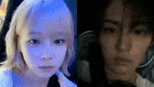 a woman with blonde hair and a man with black hair are standing next to each other .
