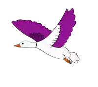 a white duck with purple wings is flying