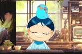 a computer screen shows a girl with a blue bird on her head and a start screen