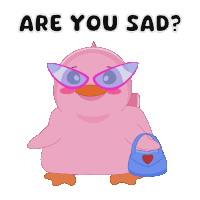 a pink duck wearing sunglasses and holding a blue purse with the words are you sad below it