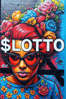 a colorful painting of a woman with flowers in her hair and the word lotto on it
