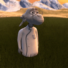 a cartoon character wearing glasses and a lab coat is standing in a field