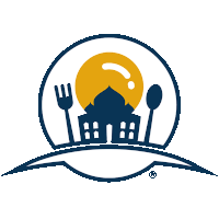 a logo for a restaurant with a fork and spoon in front of a mosque