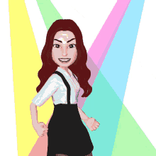 a cartoon girl with red hair and suspenders is standing in front of a colorful background