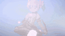 a pink haired anime girl with her eyes closed and her hand on her chest