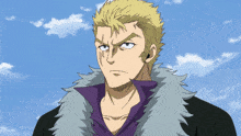 a man with a purple shirt and a fur collar