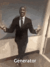 a man in a suit and tie is standing with his arms outstretched in front of a generator