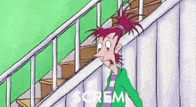 a cartoon of a woman screaming while walking up stairs