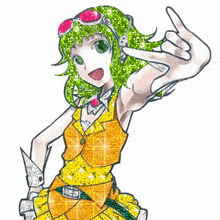 a girl with green hair and sunglasses is wearing a yellow dress and making a peace sign .
