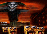 a group of spongebob squarepants with their mouths open and a joker face coming out of the sky .