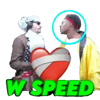 a man kissing another man while holding a heart with the words w speed behind him