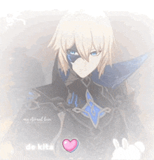 a boy with blonde hair and blue eyes is wearing a mask and has a heart in front of him .