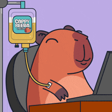 a cartoon illustration of a capybara with a cappy beera lager drip