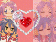 a pink background with two anime girls and a heart in the middle