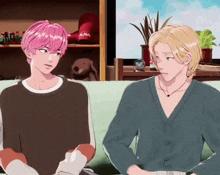 two anime characters are sitting on a couch and one has pink hair and the other has blonde hair