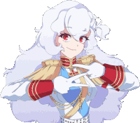 a girl with white hair and red eyes is pointing at herself
