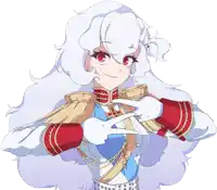 a girl with white hair and red eyes is pointing at herself