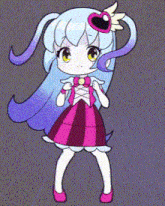 a cartoon girl with blue hair and a pink dress