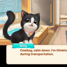 a black and white cat is sitting in a bathtub and talking to kitty