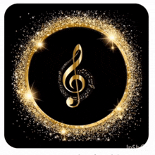 a treble clef is surrounded by a circle of gold glitter
