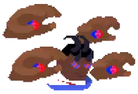 a pixel art drawing of a monster with a red and blue eye