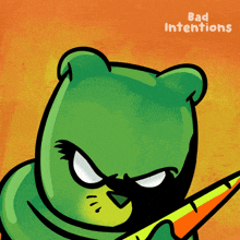 a cartoon drawing of a cat holding a carrot and the words bad intentions below it