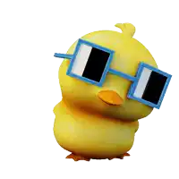 a yellow chicken wearing blue square sunglasses