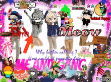 a collage of cartoon characters with the word meow in the middle