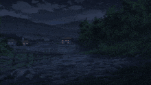 a drawing of a wooden fence with a house in the background at night