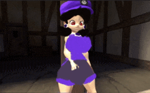 a cartoon character wearing a purple outfit and a hat with a skull on it