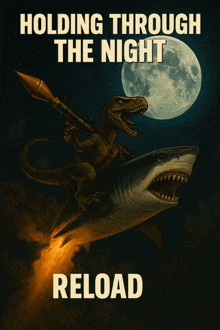 a poster of a dinosaur riding a shark with the words " holding through the night reload "