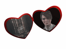 a heart shaped mirror with a picture of a man