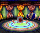 a cartoon character is sitting on a rainbow colored rug