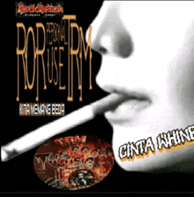 a woman smoking a cigarette next to a cd that says cinta whine
