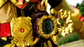 a person wearing a gold belt with a red circle in the center