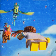 a cartoon character is flying in the sky with a bird .